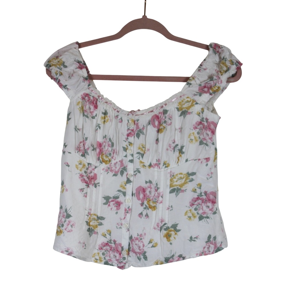 Hollister Cottagecore Coquette Milkmaid Corset White Floral PIntuck Crop Top M